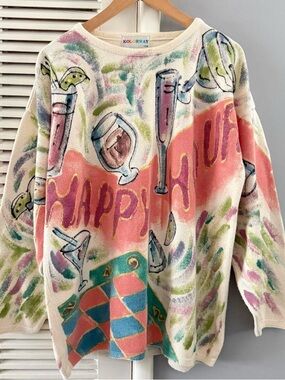 Vintage KOLORWAY Happy Hour Multicolored Crewneck Sweater Womens